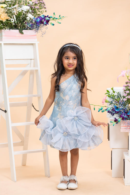 icy blue one shoulder party dress for girls with 3d floral detail by Kirti Agarwal