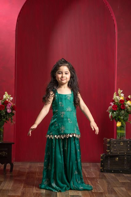 emerald green silver embroidered sharara set for girls by Kirti Agarwal