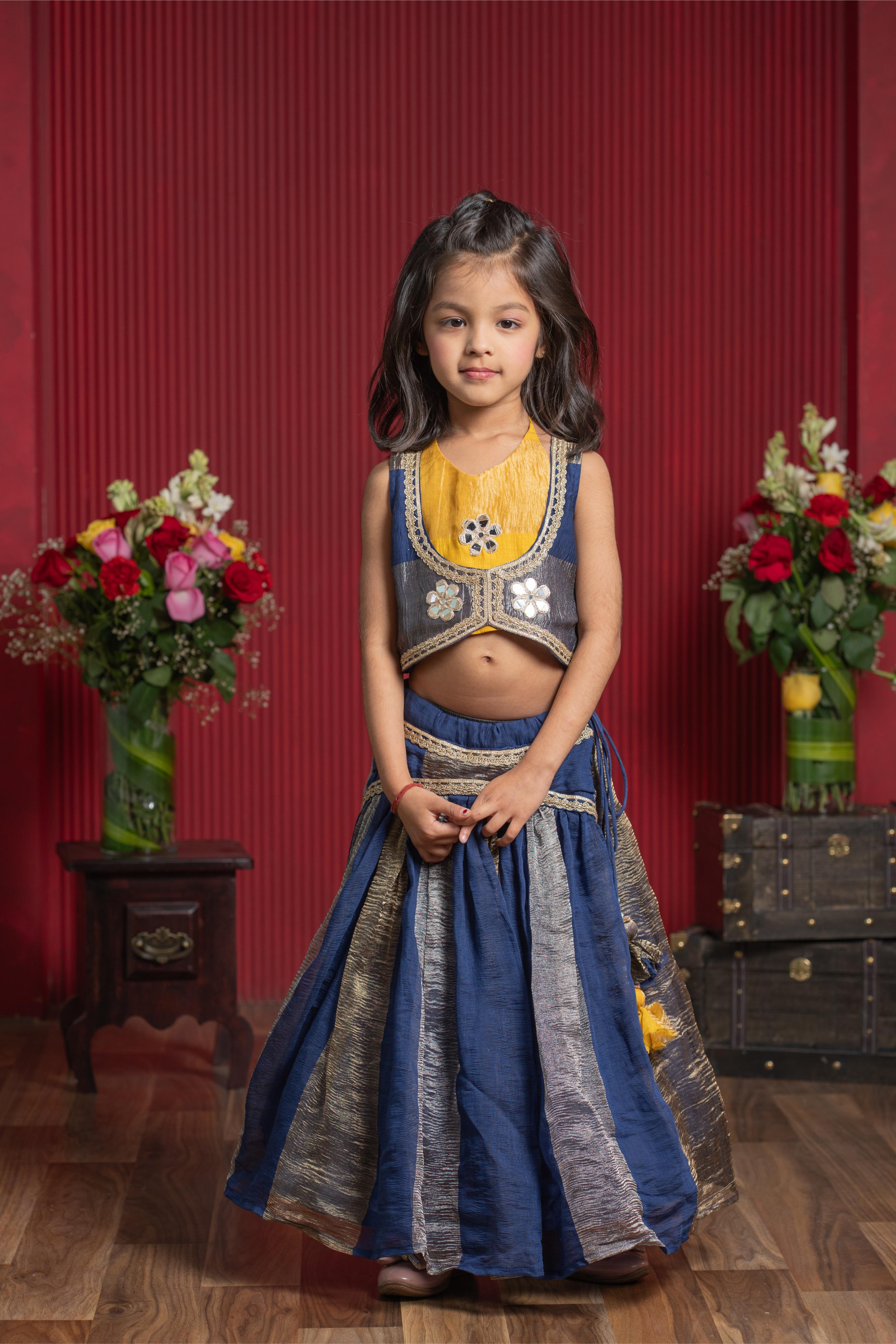 kids mustard crop top with jacket and navy panelled lehenga ethnic outfit