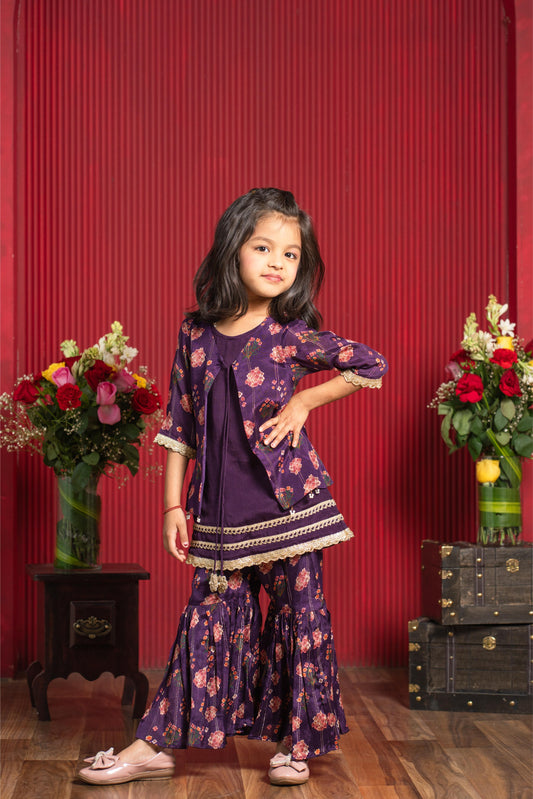 plum floral kurti with attached jacket and flared sharara set for girls by Kirti Agarwal