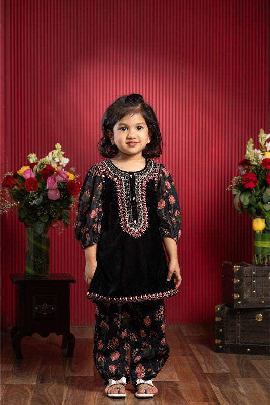 velvet embroidered kurti with printed pant set for girls by Kirti Agarwal