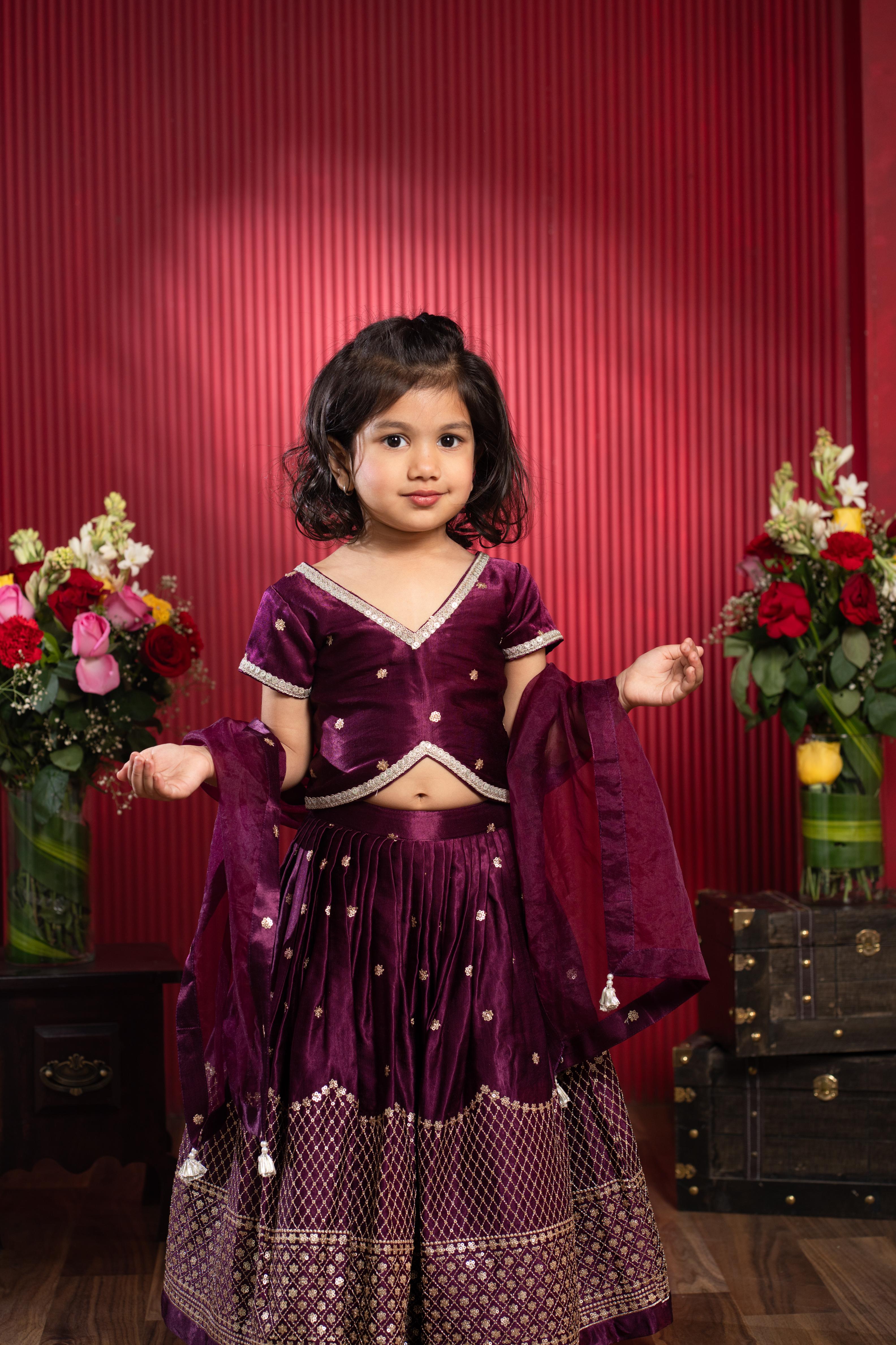 kids sequin embroidered lehenga set with net dupatta