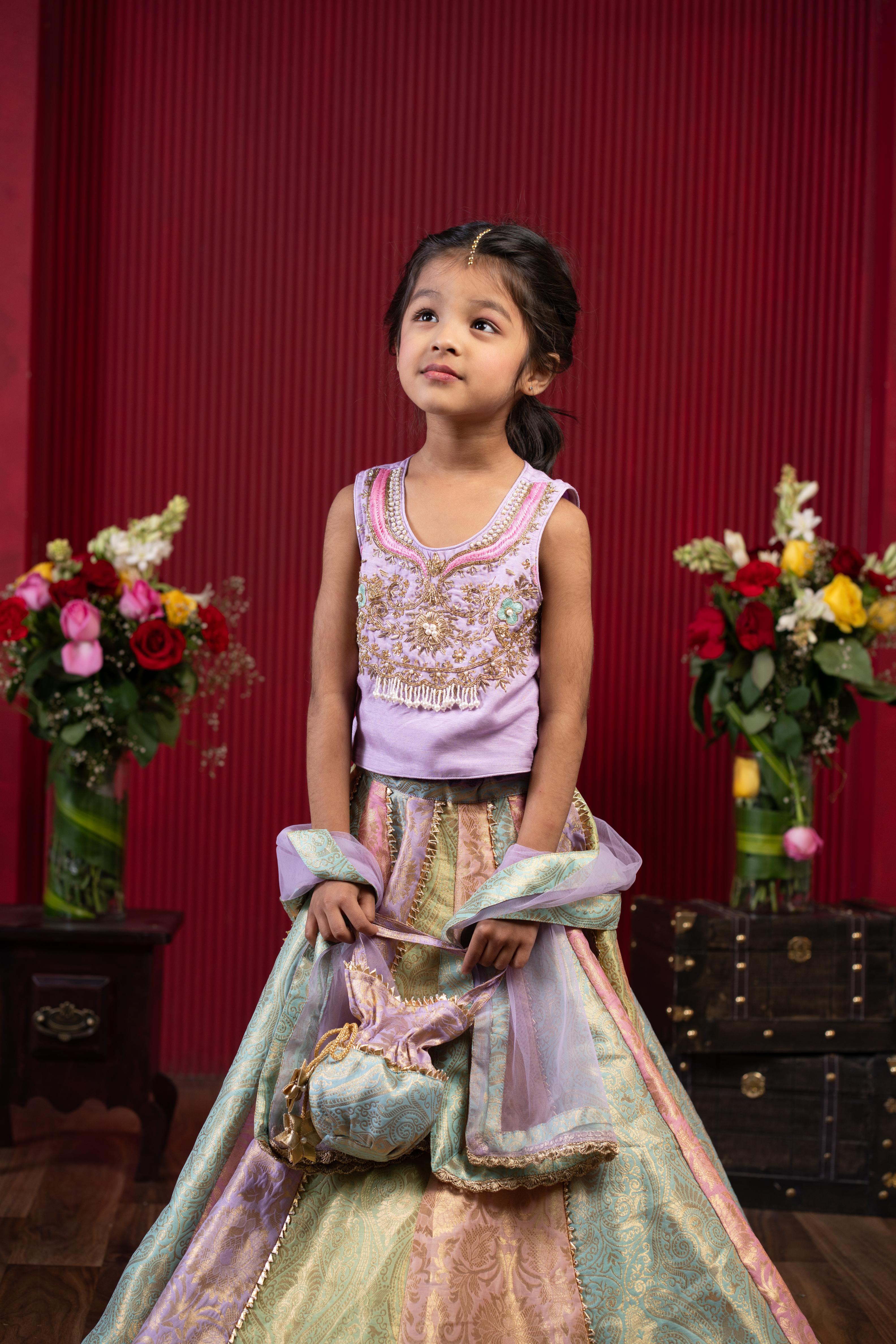 kids embroidered lehenga set with net dupatta and potli bag