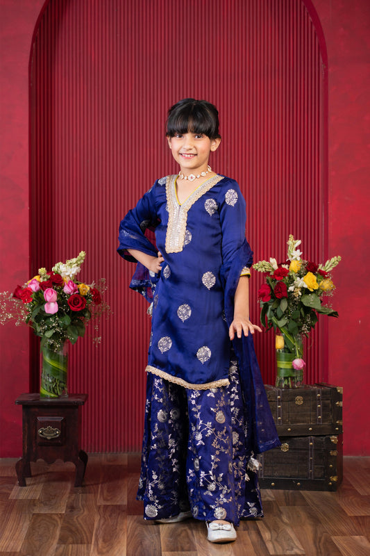 lace adorned kurti with floral palazzo and dupatta set for girls by Kirti Agarwal