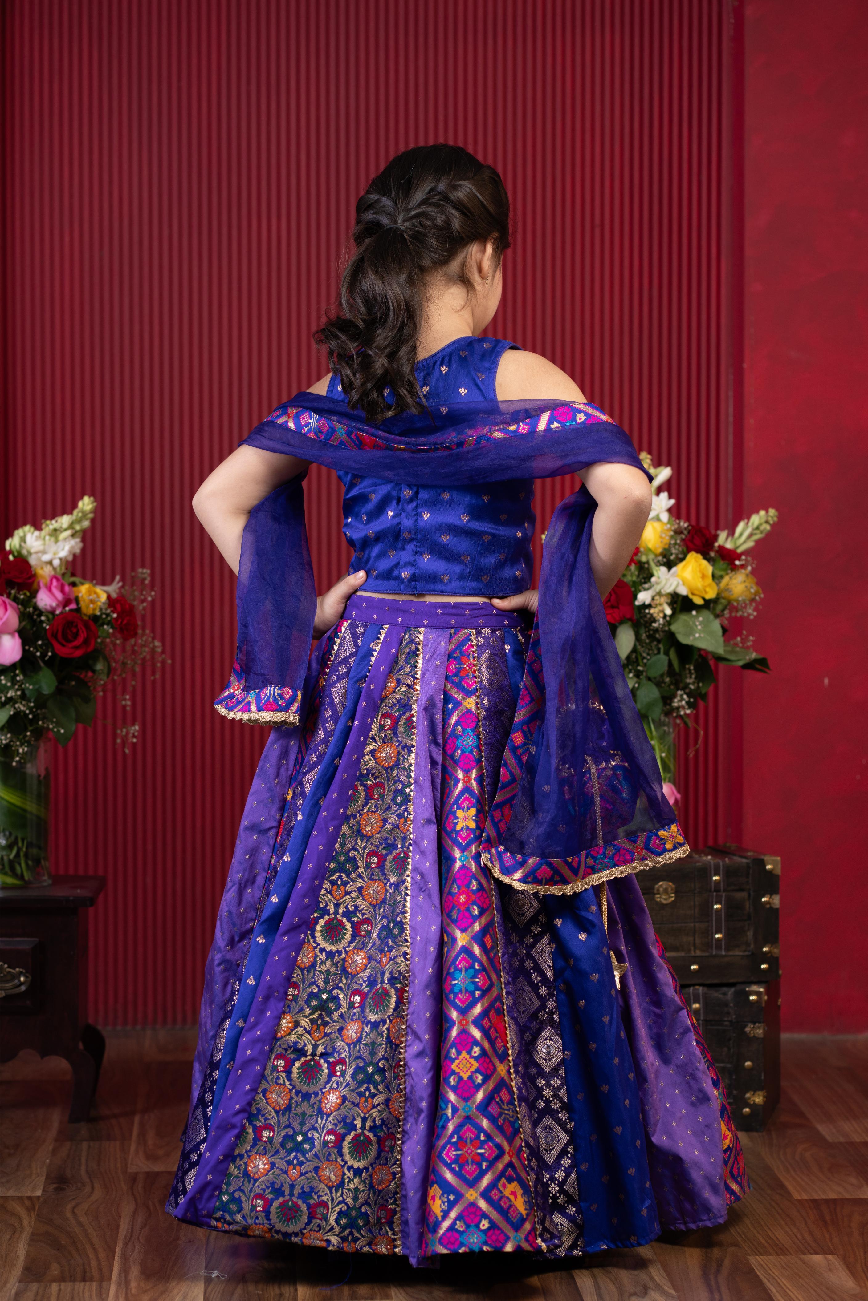 kids embroidered lehenga set with net dupatta and potli bag