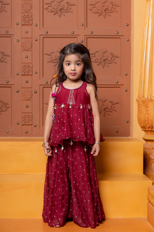 Maroon embroidered peplum top and flared Palazzo