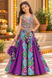 Multicolour Embroidered Silk Lehenga Set with Potli Bag for Girls