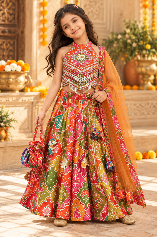Multicolour Embroidered Silk Lehenga Set with Dupatta & Potli Bag for Girls