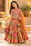 Multicolour Embroidered Silk Lehenga Set with Dupatta & Potli Bag for Girls