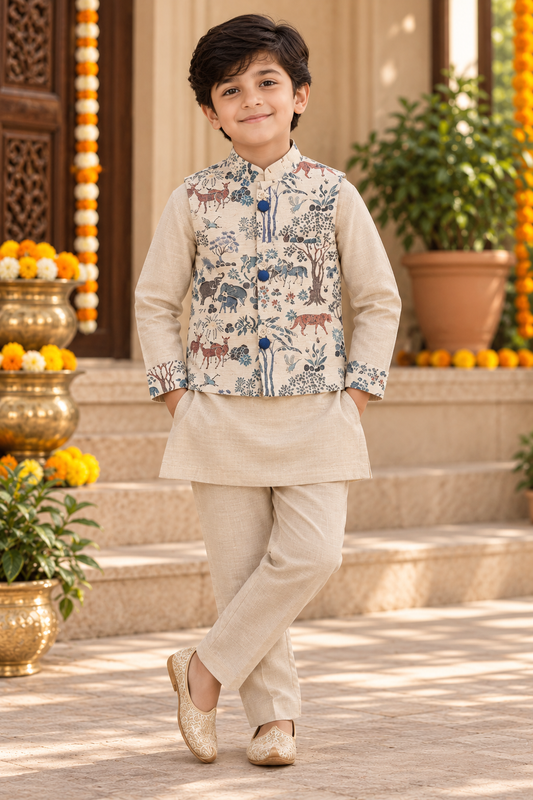 Ethnic Kurta With Animal Motif Jacket And Pyjama
