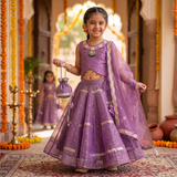 Beautiful lavender 4-piece tissue silk and net lehenga set with embellished crop top, dupatta and matching potli bag.
