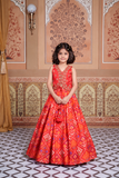 Elegant Red Silk Embroidered Crop Top & Flared Lehenga Set for Girls.