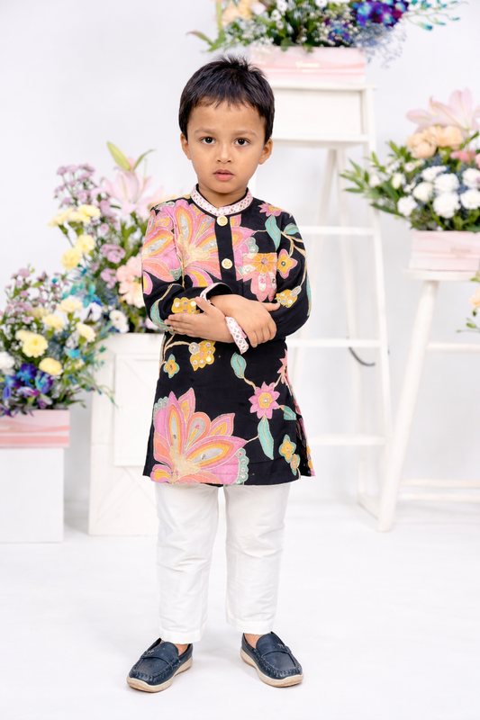 Floral kurta pyjama set for boys by Kirti Agarwal
