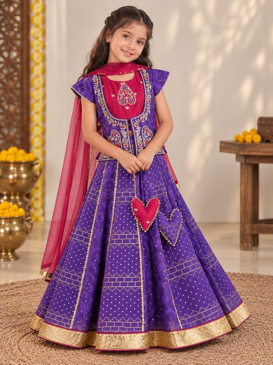 Purple & Red Hand-Embroidered Top & Jacket with Dupatta and Flared Lehenga