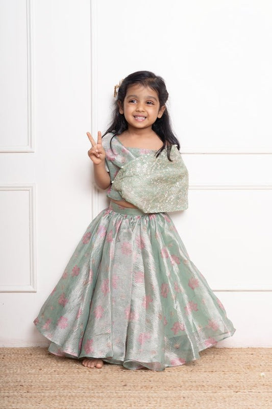 Adorable pastel Green lehenga with delicate silver and pink floral embroidery, perfect for festive occasions. - Kirti Agarwal