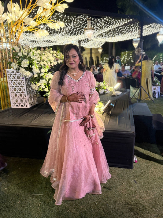 Blush pink embroidered peplum with flared ghagra — a perfect blend of charm and tradition. - Kirti Agarwal