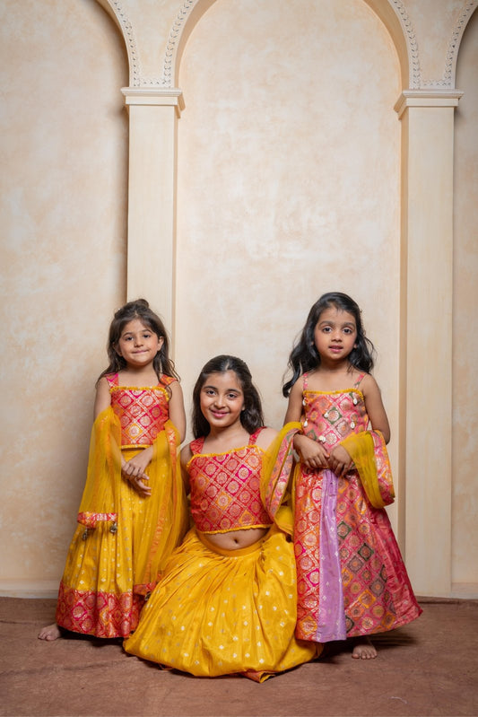 Brocade Top With Lehenga And Dupatta & Multicolour Strappy Brocade Top With Panelled Lehenga And Dupatta - Kirti Agarwal