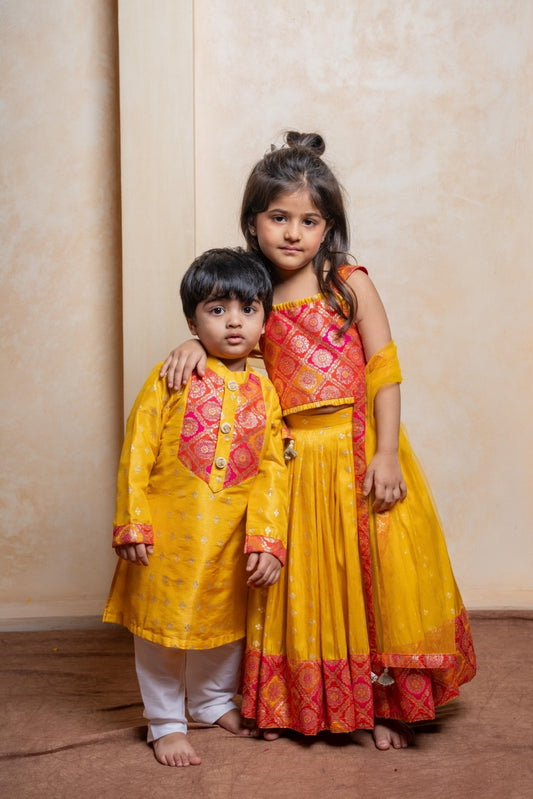 Brocade Top With Lehenga And Dupatta & Yellow Sheen Brocade Silk Kurta With Pyjama - Kirti Agarwal