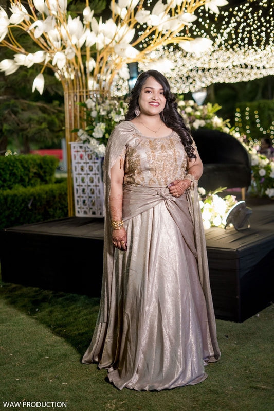 Champagne Gold Crop Top Lehenga with Draped Dupatta - Kirti Agarwal
