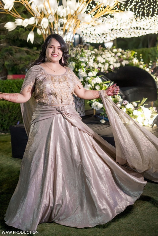 Champagne Gold Crop Top Lehenga with Draped Dupatta - Kirti Agarwal