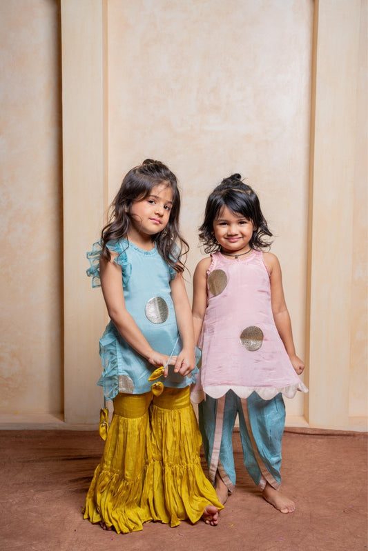 Charming crepe kurti with silk dhoti pants & Let your little diva shine in this trendy crepe tunic and chiffon sharara set - Kirti Agarwal