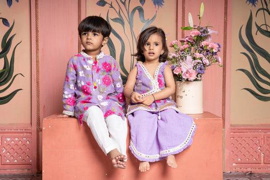 Charming lavender floral set with tassel kurti and flared pants & floral lavender kurta set - Kirti Agarwal