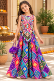 Multicolour Embroidered Silk Top, Palazzo & Potli Bag Set for Girls