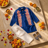 Regal royal blue kurta set with an intricately embroidered jacket | Designer Kids Ethnic Wear | Kirti Agarwal
