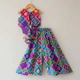 Multicolour Embroidered Silk Top, Palazzo & Potli Bag Set for Girls