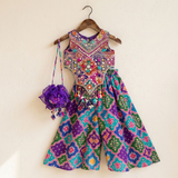 Multicolour Embroidered Silk Top, Palazzo & Potli Bag Set for Girls