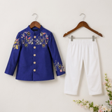 Heavy Handwork Embroidered Royal Blue Chanderi Silk Jacket Set with White Pants