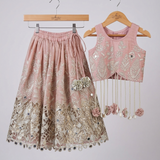 Dusty Old Rose Tissue Silk Top with Silver Floral Embroidery, Statement Hangings & Embellished Lehenga.