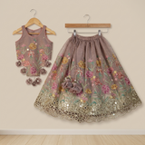 Dusty Old Rose Tissue Silk Top with Floral Embroidery & Elegant Elasticated Lehenga.