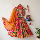 Multicolour Embroidered Silk Lehenga Set with Dupatta & Potli Bag for Girls