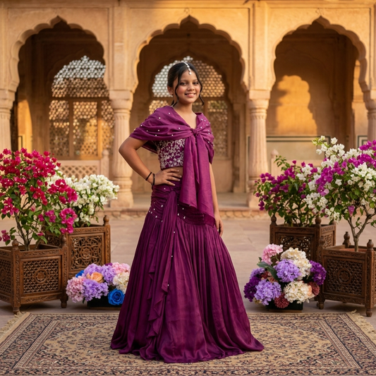Royal Purple Embroidered Organza Lehenga Set with Attached Pearl Cape