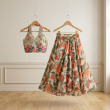 Floral Organza Georgette Lehenga Set with Hand-Embroidered Halter Blouse.