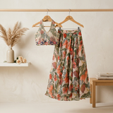 Floral Organza Georgette Lehenga Set with Hand-Embroidered Halter Blouse.