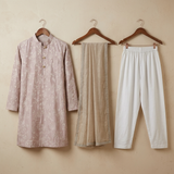 Beige embroidered kurta set featuring a graceful dupatta.| Designer Kids Ethnic Wear | Kirti Agarwal