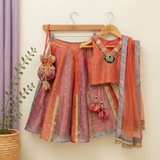 Stunning rust orange 4-piece tissue silk lehenga set with embellished crop top, net dupatta and matching potli bag