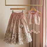 Dusty Old Rose Tissue Silk Top with Silver Floral Embroidery, Statement Hangings & Embellished Lehenga.