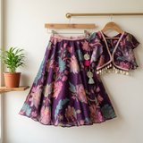 Elegant wine Chinnon Chiffon lehenga set with a floral top, ruffle sleeves and a beautifully flared lehenga