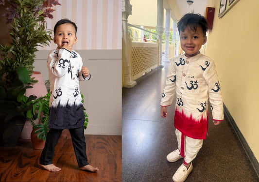 Dual Tone Red and Beige Printed Embellished Kurta And Dhoti & Dual Tone Printed Embellished Kurta And Pyjama - Kirti Agarwal