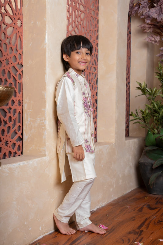 Elegant ivory kurta set with floral embroidered Nehru jacket – perfect for weddings and festive occasions. - Kirti Agarwal