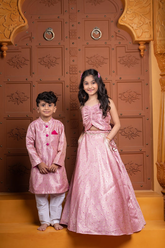 Elegant pink brocade lehenga set for girls & Elegant pink silk kurta with white churidar - Kirti Agarwal