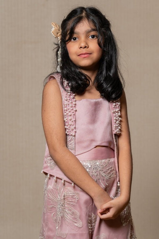 Embroidered Jacket with Floral embroidered pant and plain crop top - Kirti Agarwal