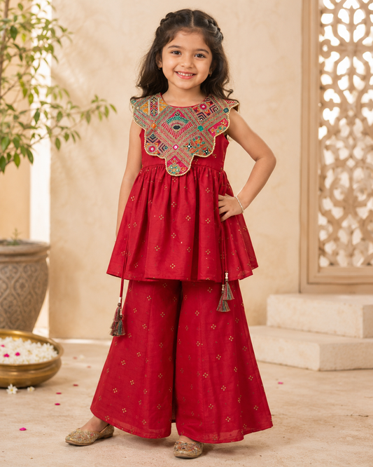 Festive Red Embroidered Top with Statement Handwork Yoke, Tassels & Flared Palazzo