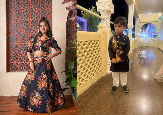 Floral Printed Embroidered Collar Top And Lehenga & Black Kurta And Floral Printed Embroidered Jacket With Pyjama - Kirti Agarwal
