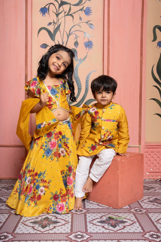 Floral Printed Sequin Embroidered Top And Lehenga With Matching Dupatta & Yellow Kurta And Floral Printed Embroidered Jacket With Pyjama - Kirti Agarwal