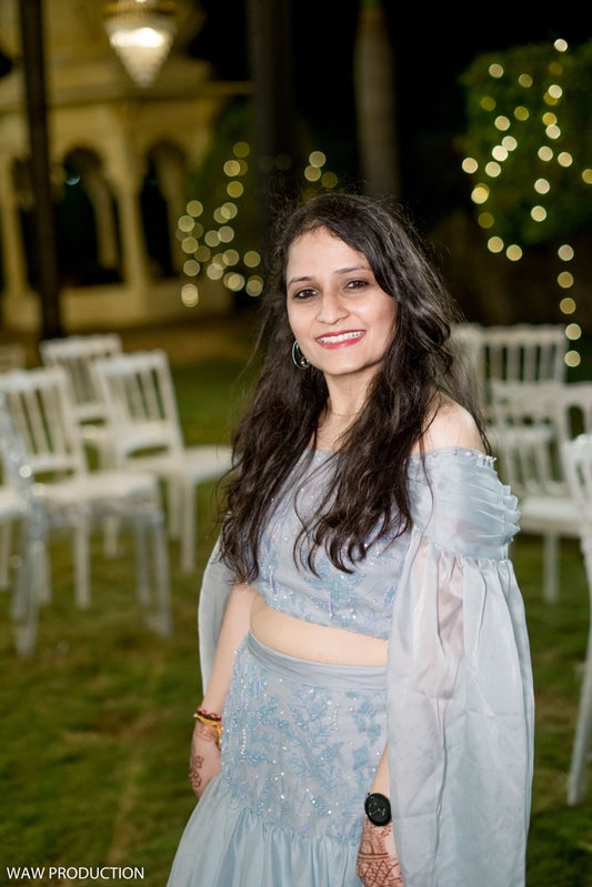 Ice Blue Off - Shoulder Lehenga Set with Layered Net Sleeves - Kirti Agarwal