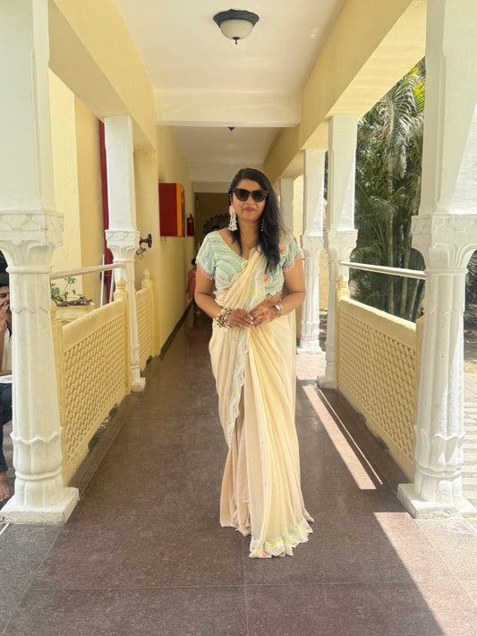 Ivory Georgette Saree with Multicolor Embroidered Blouse - Kirti Agarwal